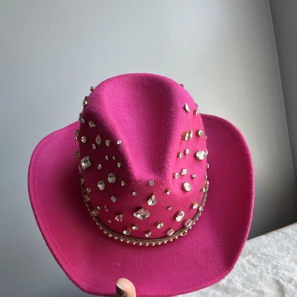 Pink Women's Cowboy Hat Rhinestone Accents Felt Polyester 57 cm Solid